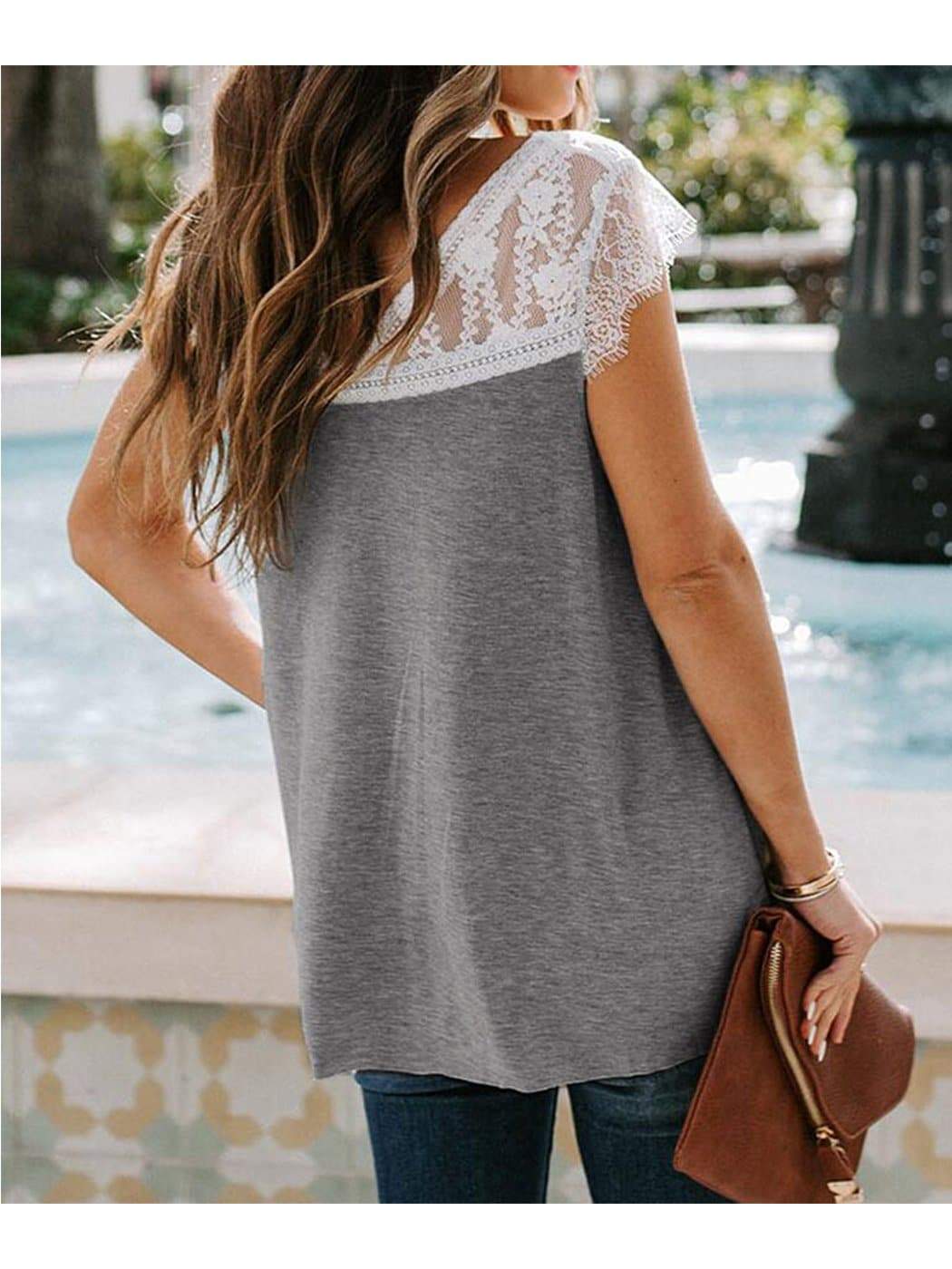 Anna-Kaci Plus Size Casual Loose Short Sleeve Lace V-Neck Tee for Women by Anna-kaci