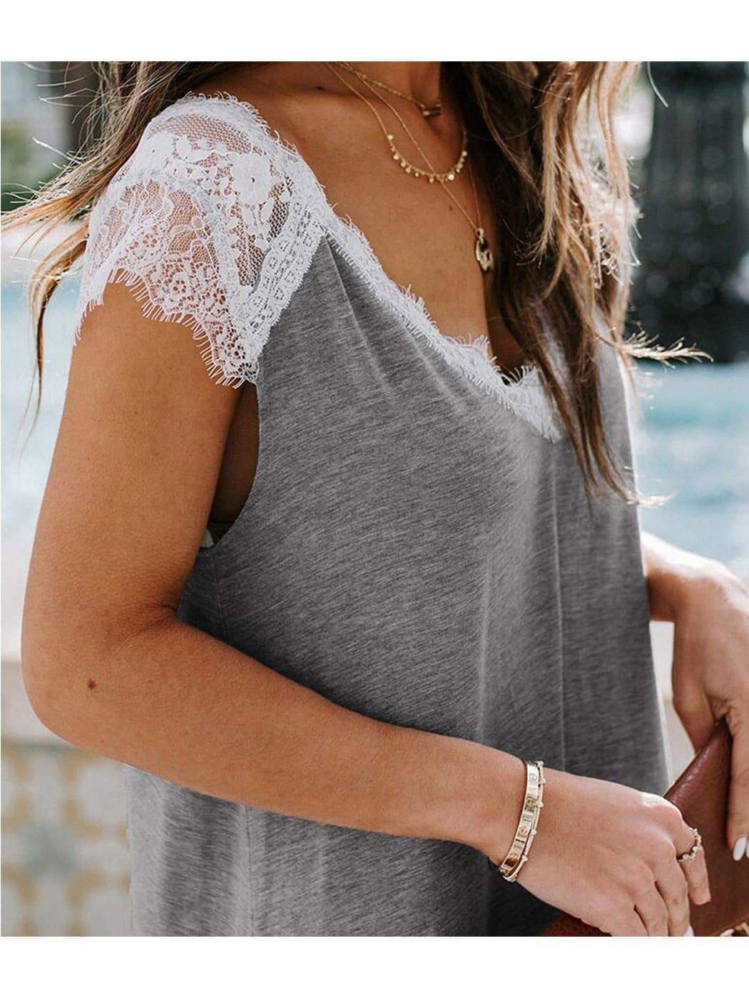 Anna-Kaci Plus Size Casual Loose Short Sleeve Lace V-Neck Tee for Women by Anna-kaci