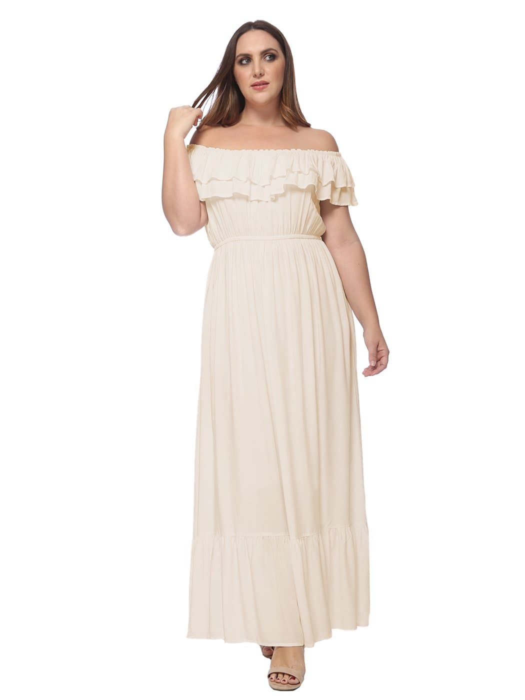 Anna-Kaci Plus Size Off Shoulder Ruffle Empire Maxi Dress for Women | Anna-Kaci Large / Beige