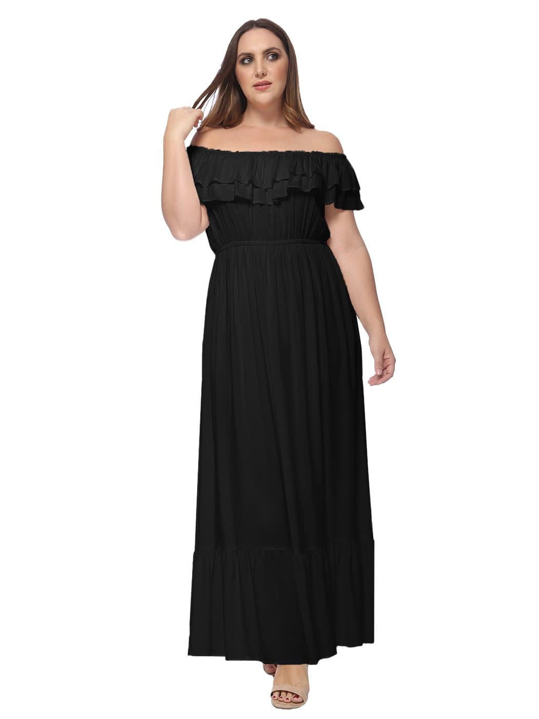 Anna-Kaci Plus Size Off Shoulder Ruffle Empire Maxi Dress for Women | Anna-Kaci Large / Black