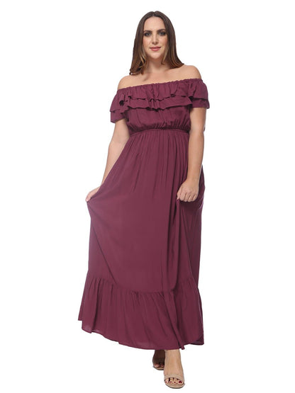 Anna-Kaci Plus Size Off Shoulder Ruffle Empire Maxi Dress for Women | Anna-Kaci Large / Burgundy