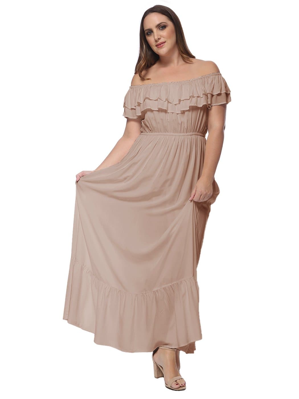 Anna-Kaci Plus Size Off Shoulder Ruffle Empire Maxi Dress for Women | Anna-Kaci Large / Taupe