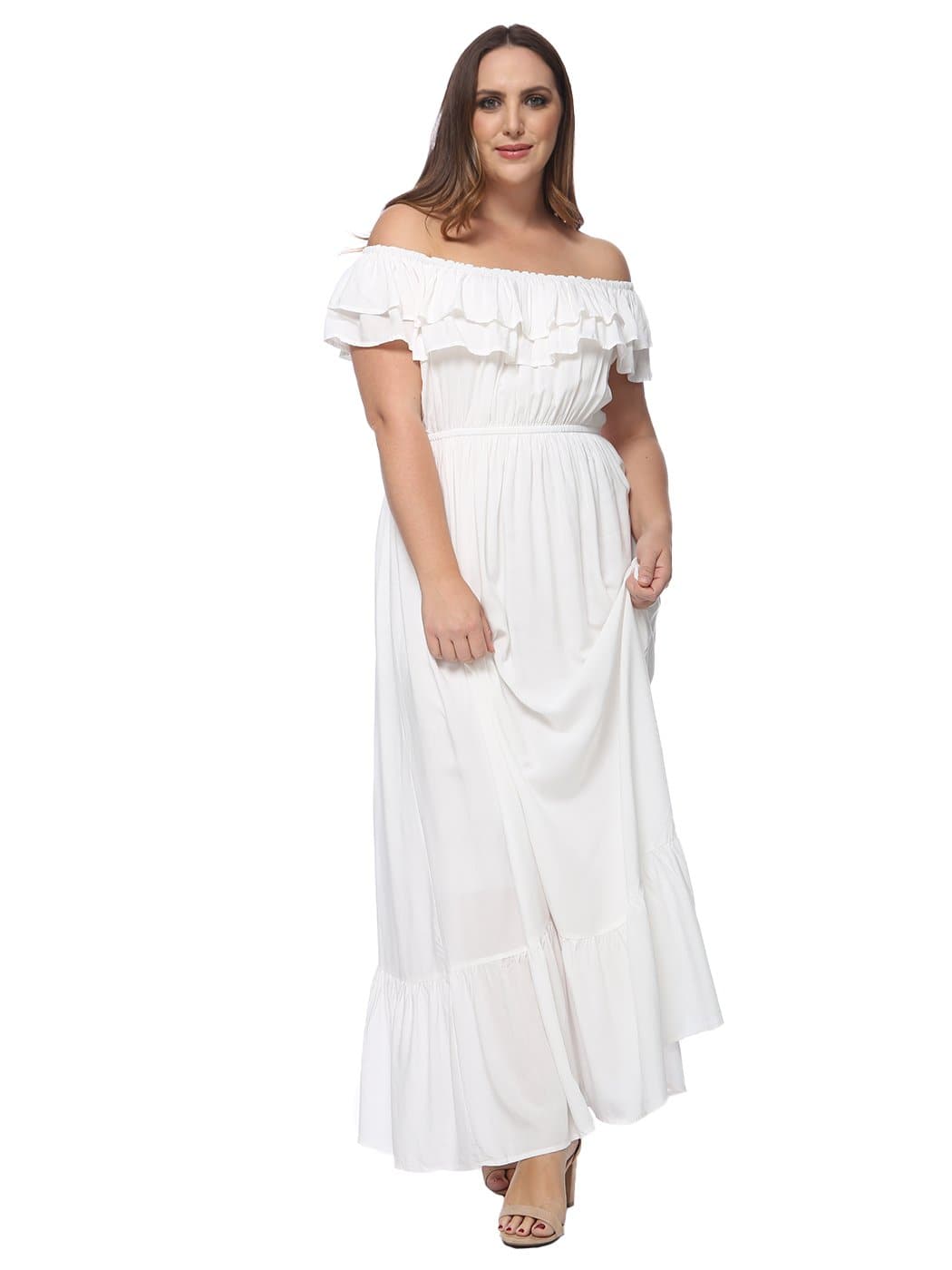 Anna-Kaci Plus Size Off Shoulder Ruffle Empire Maxi Dress for Women | Anna-Kaci Large / White