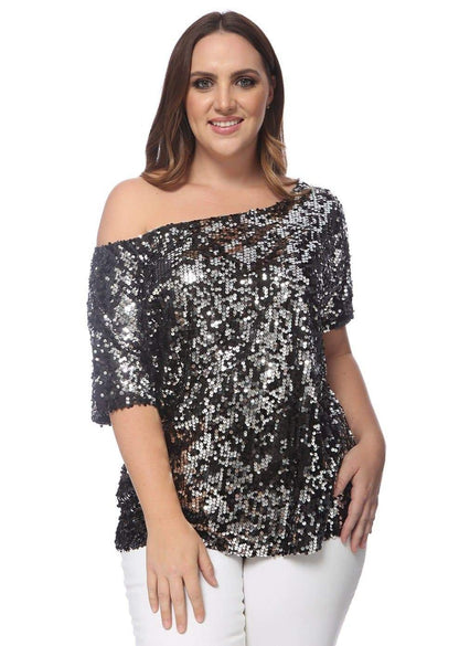 Anna-Kaci Plus Size One Shoulder Sequin Top for Women by Anna-Kaci | Alilang  Large / Black and Silver