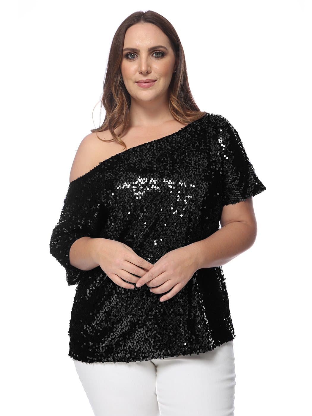 Anna-Kaci Plus Size One Shoulder Sequin Top for Women by Anna-Kaci | Alilang  Large / Black