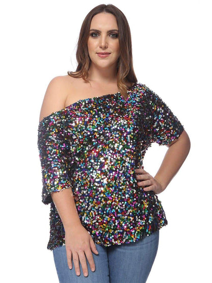 Anna-Kaci Plus Size One Shoulder Sequin Top for Women by Anna-Kaci | Alilang  Large / Multicolored