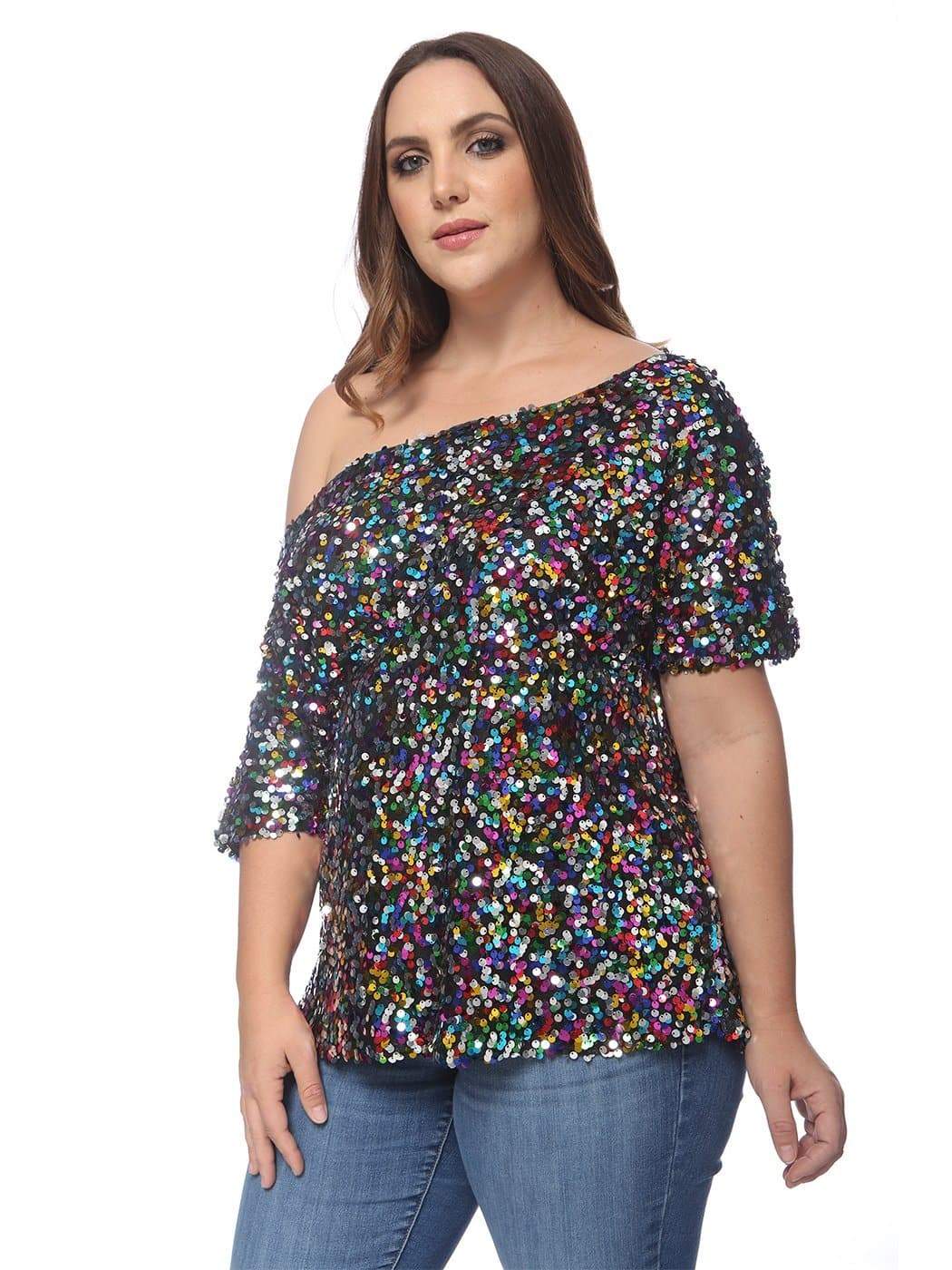 Anna-Kaci Plus Size One Shoulder Sequin Top for Women by Anna-Kaci | Alilang 