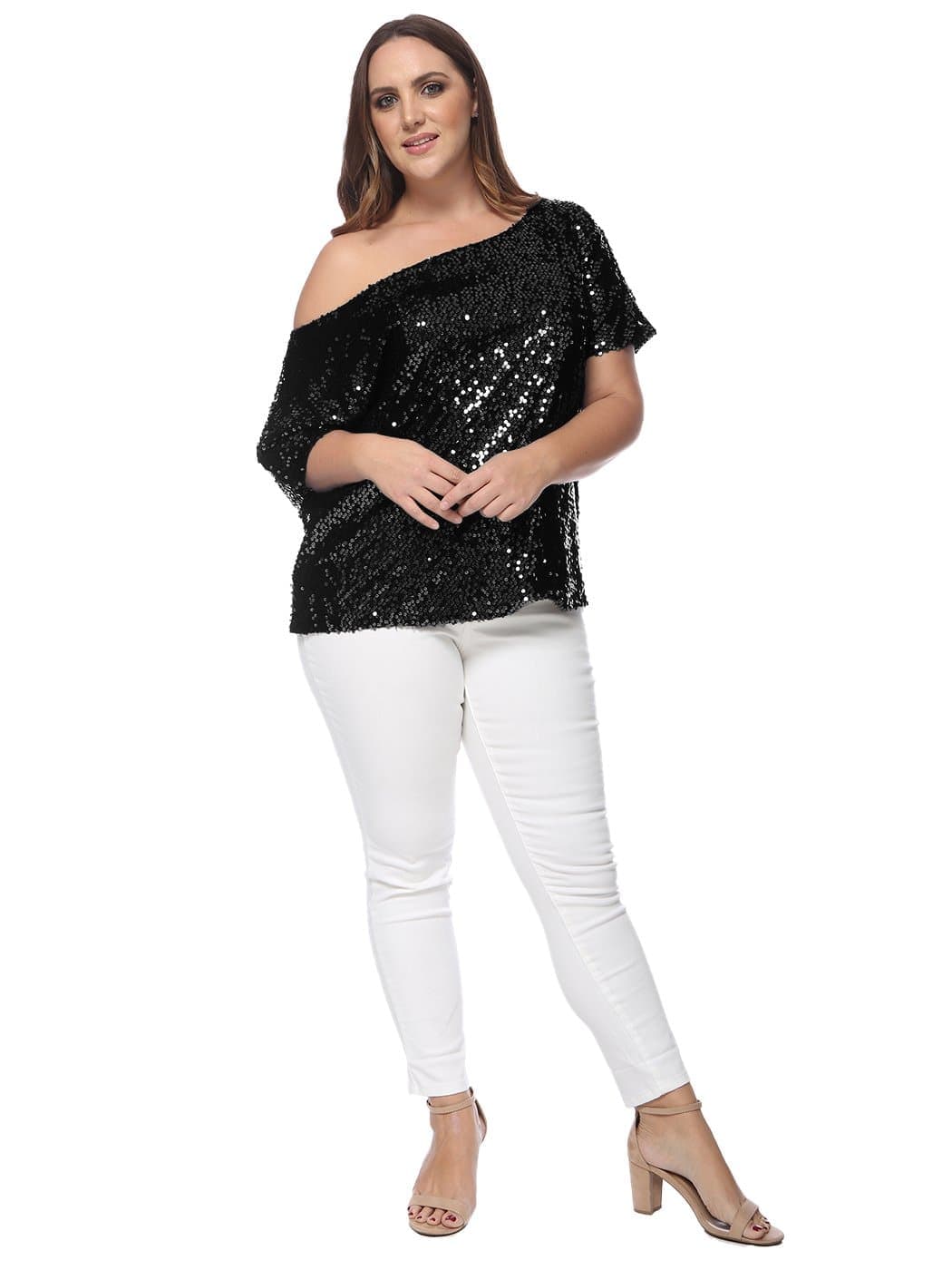 Anna-Kaci Plus Size One Shoulder Sequin Top for Women by Anna-Kaci | Alilang 