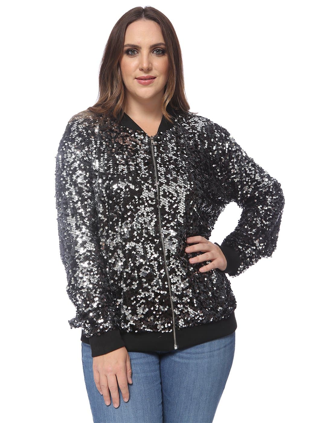Anna-Kaci Plus Size Sequin Bomber Jacket for Women by Anna-Kaci Large / Black