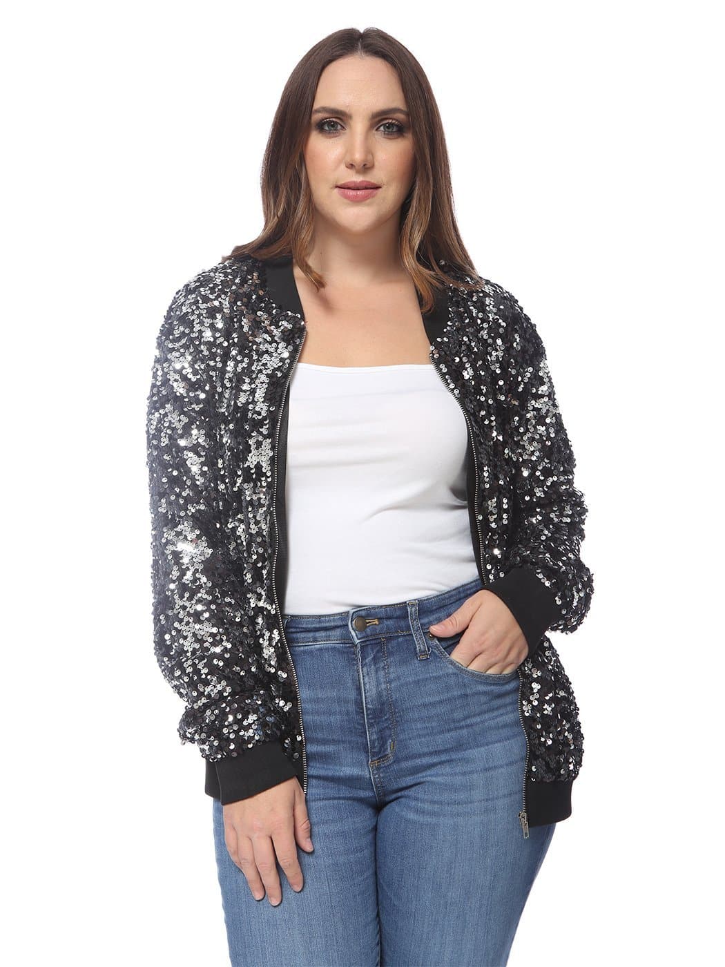 Anna-Kaci Plus Size Sequin Bomber Jacket for Women by Anna-Kaci
