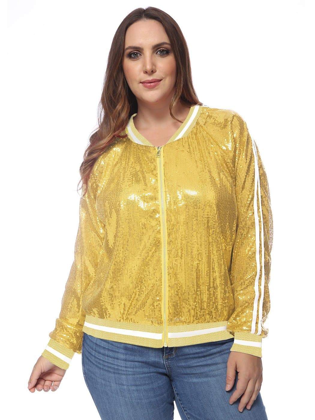 Anna-Kaci Plus Size Sequin Bomber Jacket for Women by Anna-Kaci X-Large / Yellow
