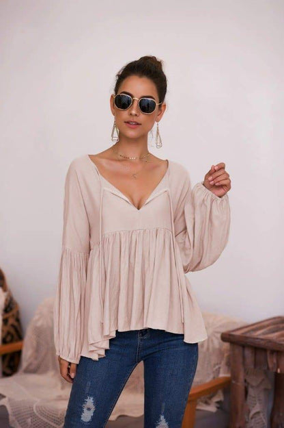 Anna-Kaci Puff Sleeve Pleated Hem Blouse | Anna-Kaci