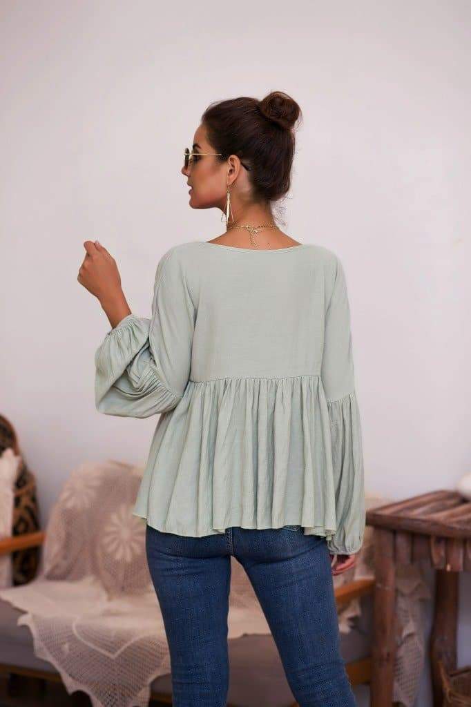 Anna-Kaci Puff Sleeve Pleated Hem Blouse | Anna-Kaci