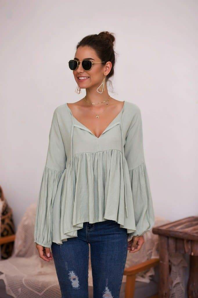 Anna-Kaci Puff Sleeve Pleated Hem Blouse | Anna-Kaci Small / Green