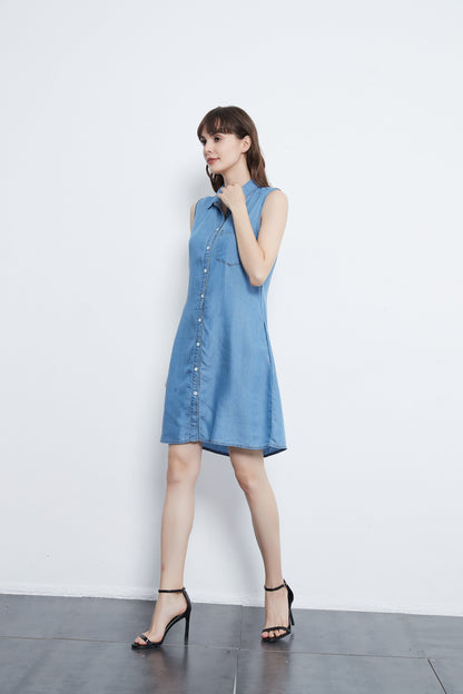 Anna-Kaci Sleeveless Button Down Premium Denim Dress | Anna Kaci