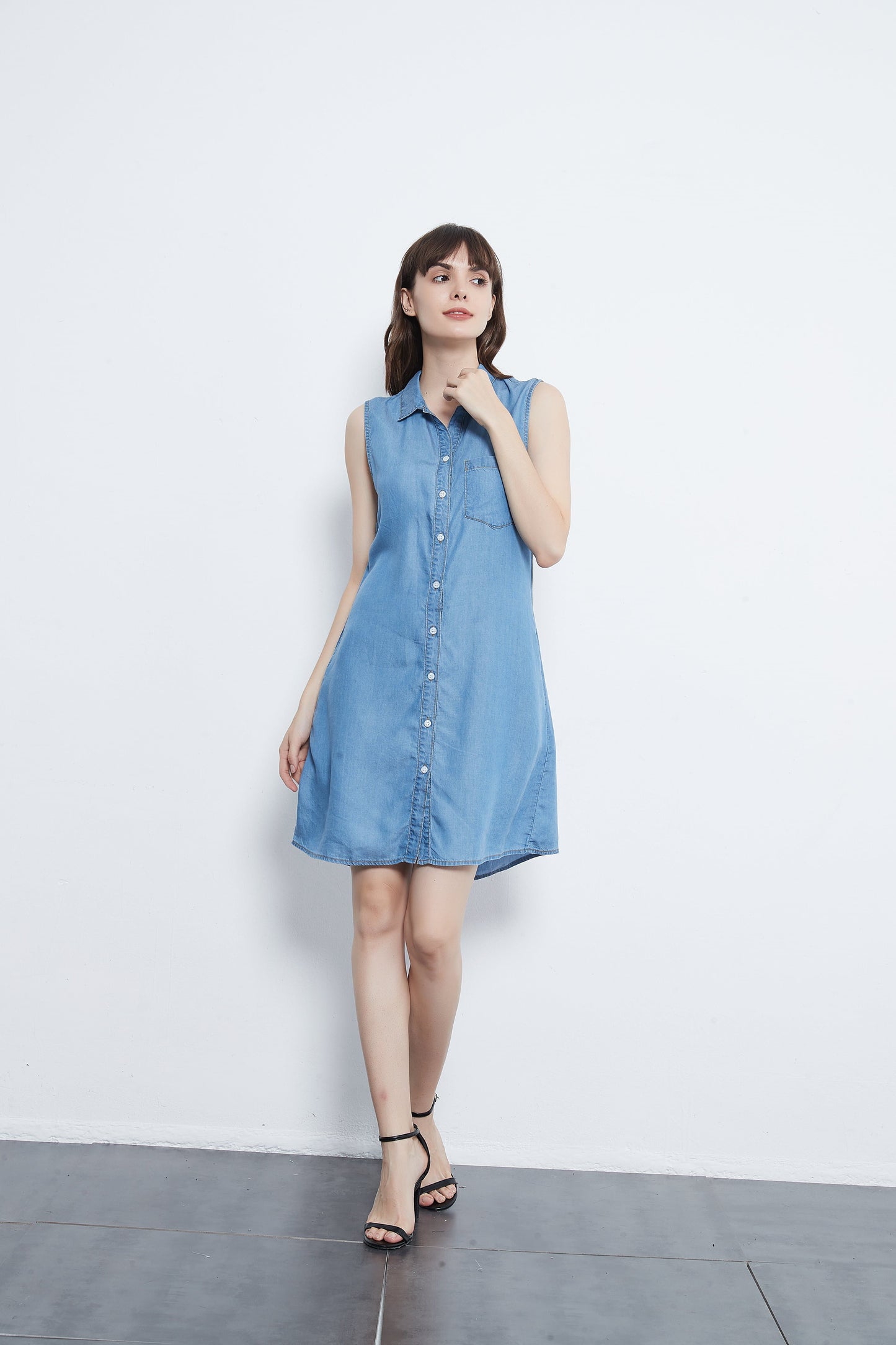 Anna-Kaci Sleeveless Button Down Premium Denim Dress | Anna Kaci