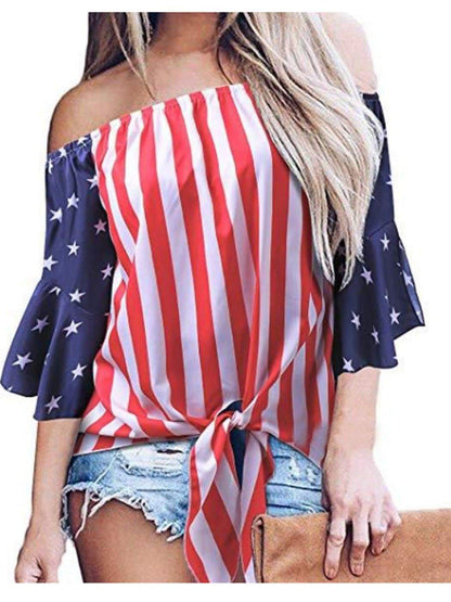Anna-Kaci  Trumpet Sleeve Tie-Front American Flag Blouse | Anna-Kaci Small / Red