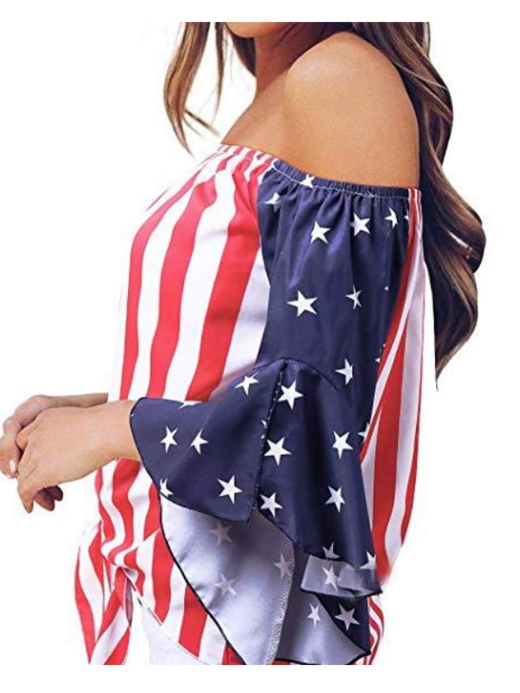 Anna-Kaci  Trumpet Sleeve Tie-Front American Flag Blouse | Anna-Kaci