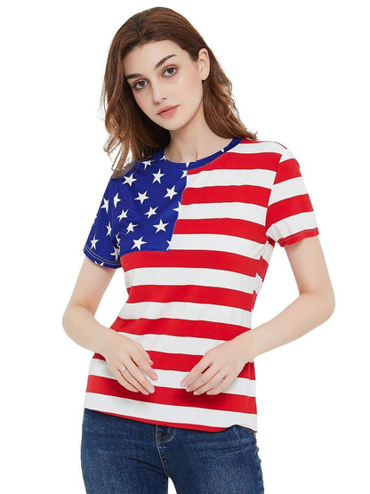 Anna-Kaci Women's Round Neck American USA  Flag Top July of 4th Patriotic T-Shirt Blouse | Anna-Kaci L / Round Neck