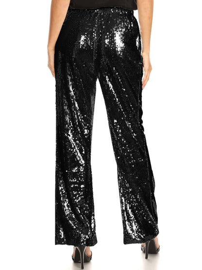 Anna-Kaci Women's Stretch Waist Sparkly Sequin 70,s Disco Flare Wide Leg Pants - Anna-Kaci