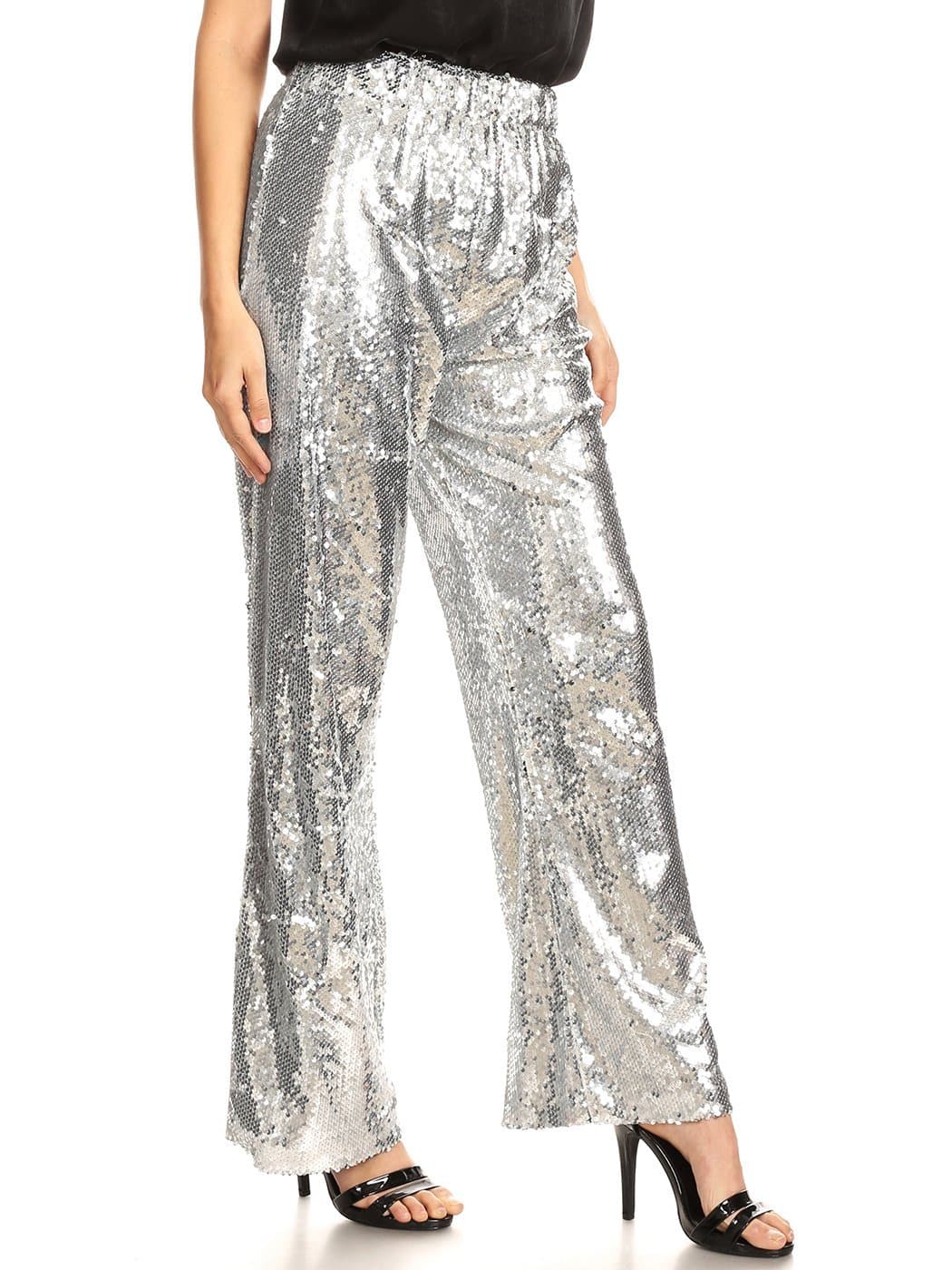 Anna-Kaci Women's Stretch Waist Sparkly Sequin 70,s Disco Flare Wide Leg Pants - Anna-Kaci