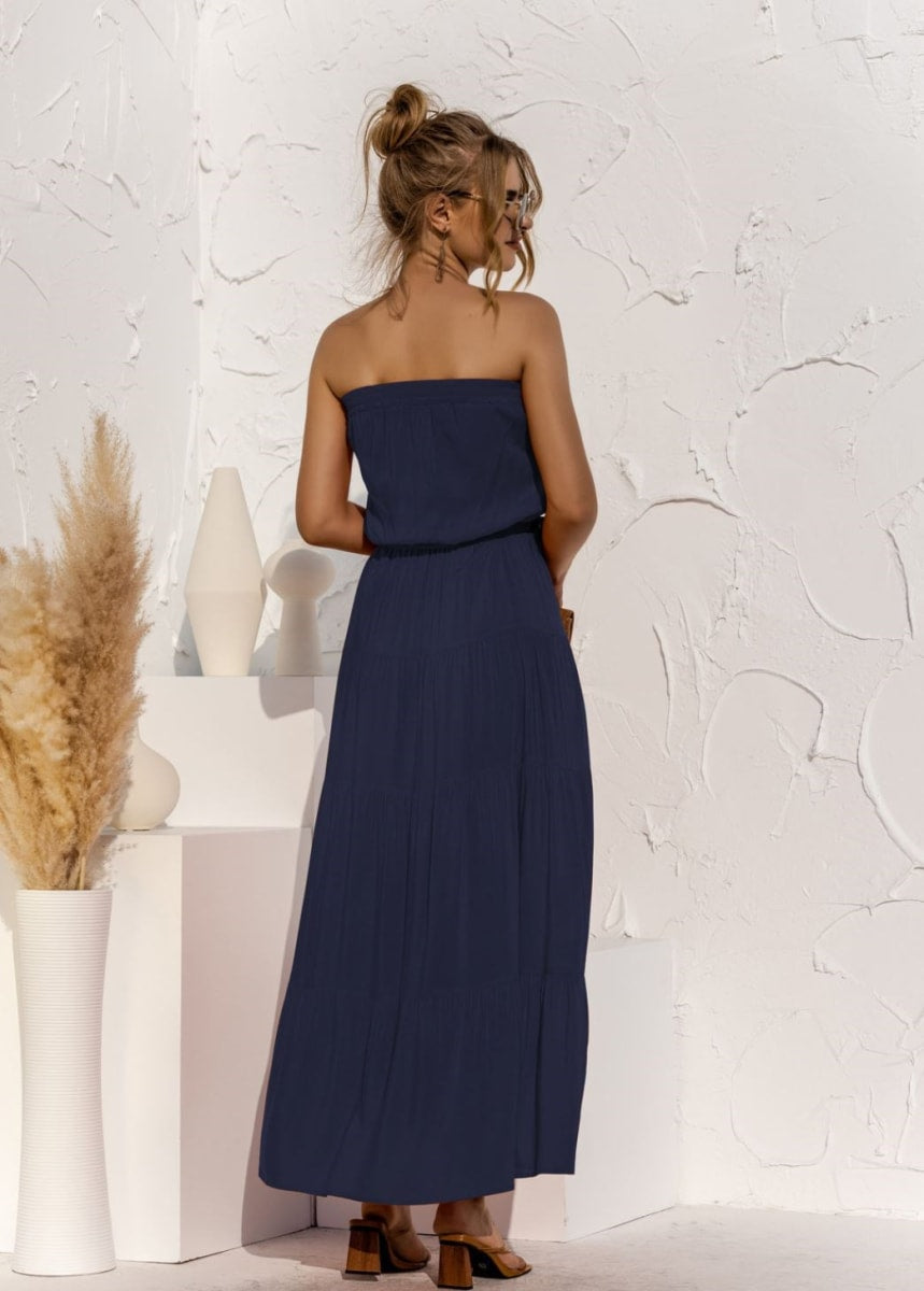 Vestido largo de primavera sin tirantes y con lazo