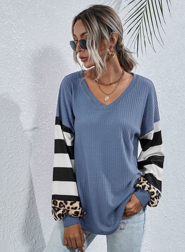Striped and Leopard Pattern Contrast Sweater