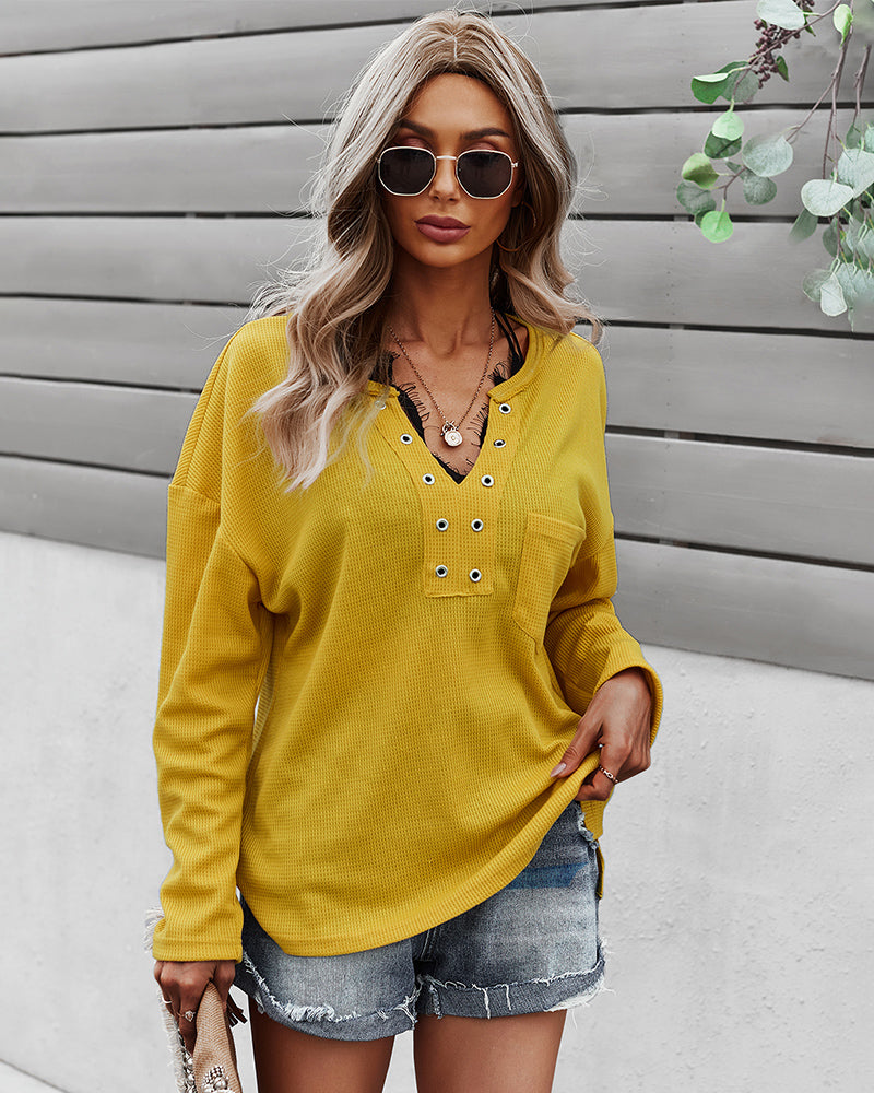 Faux Button Placket Sweater